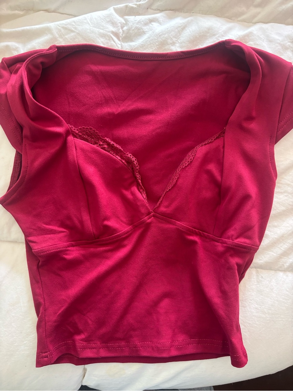 Red Lace Trim v neck Top